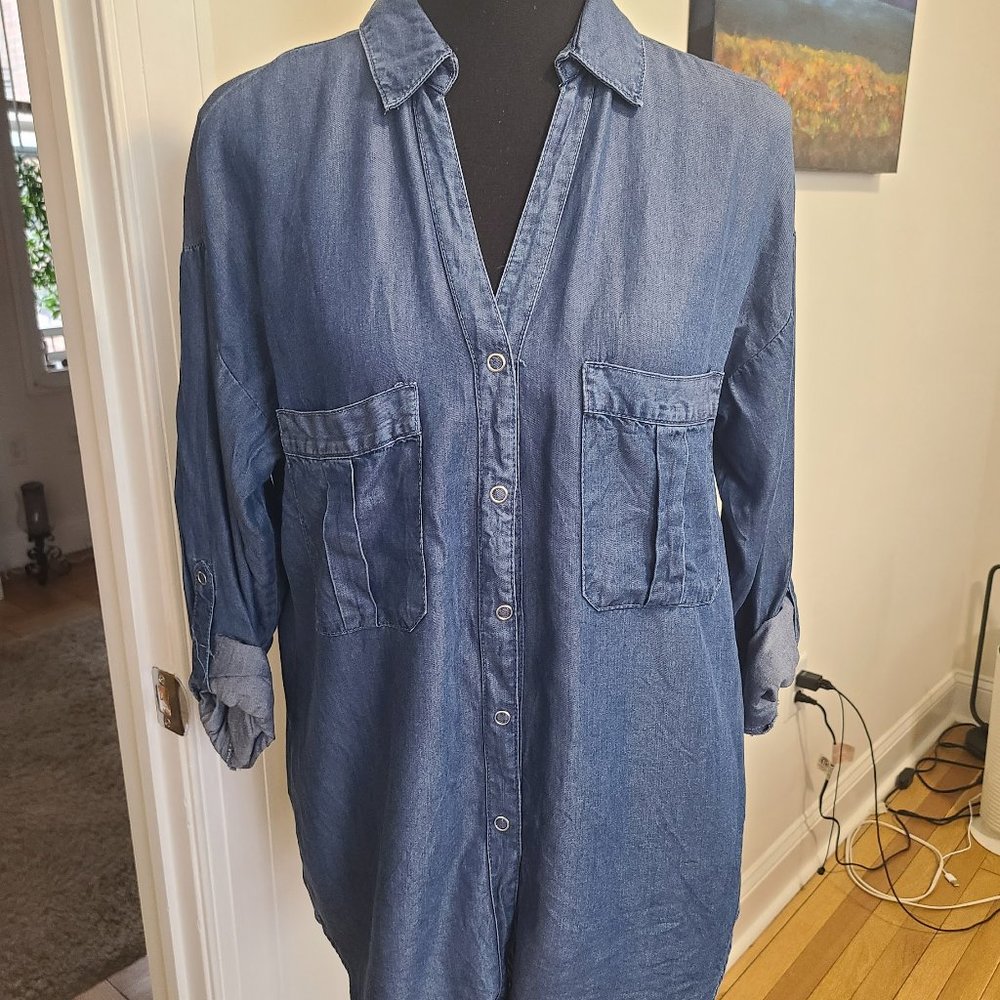Roll Tab Long Sleeve Denim Button Down Blouse Top
